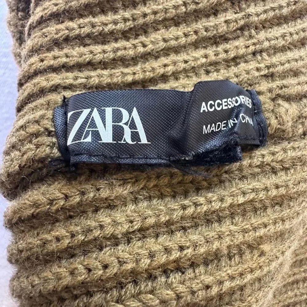 Zara Kids Ribbed Knit Beanie Winter Hat Khaki Green Charcoal Stripe